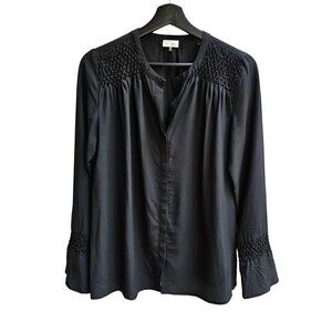 100% Silk Ecru Women's Long Sleeve Black Blouse, Beaded Smocking Details, Small
